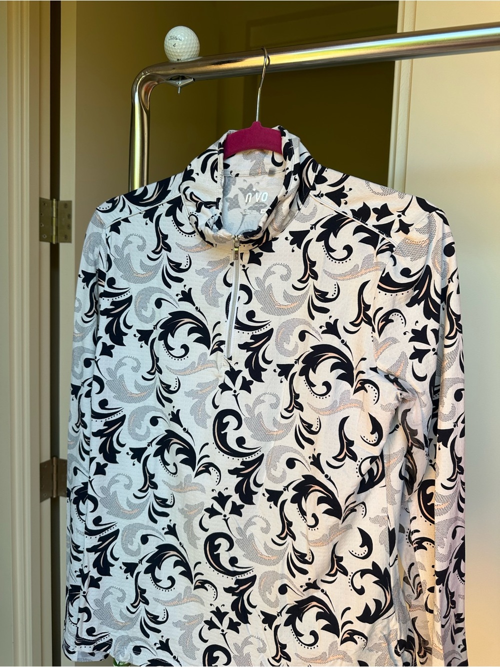 Medium White & Blue Swirl-Print Breathable Long Sleeve Zip Polo